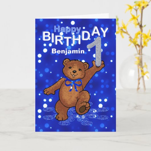 Teddy Bear 1st Birthday for Boy カード (黄色い花)