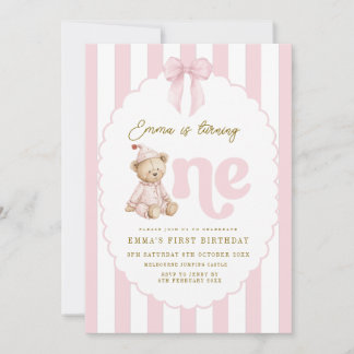 Teddy Bear 1st Birthday Invitation Girl 招待状