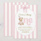 Teddy Bear 1st Birthday Invitation Girl 招待状 (正面/裏面)