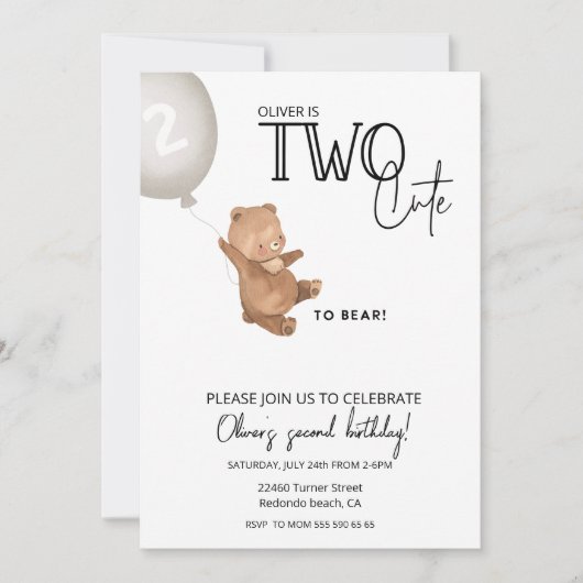 Teddy bear 2nd birthday TWO cute to bear 招待状 (正面)