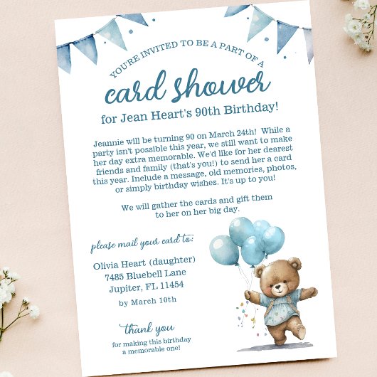 Teddy Bear 90th Birthday Card Shower Invitation 招待状