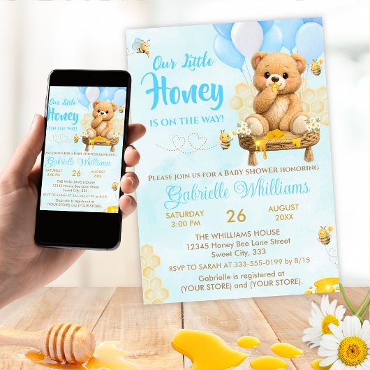 Teddy Bear - A Little Honey Baby Shower  招待状