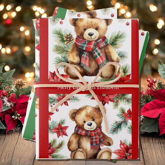 Teddy Bear Add Name Cute Christmas 3 ラッピングペーパーシート