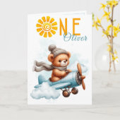 Teddy Bear Airplane 1st Birthday Card カード (黄色い花)