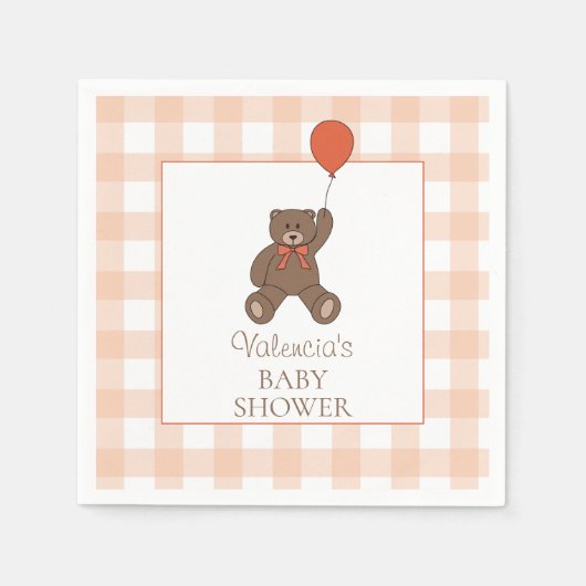 Teddy Bear and Balloon Orange White Baby Shower スタンダードカクテルナプキン (正面)