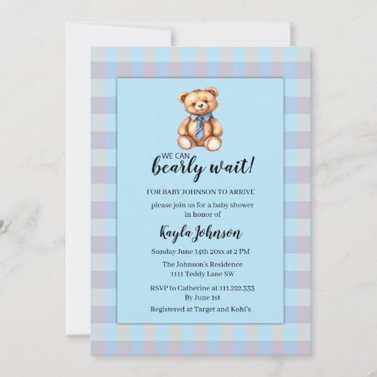 Teddy Bear and Blue Gingham Plaid Baby Shower 招待状 (正面)