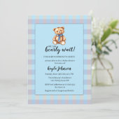 Teddy Bear and Blue Gingham Plaid Baby Shower 招待状 (スタンド正面)