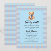 Teddy Bear and Blue Gingham Plaid Baby Shower 招待状 (正面/裏面)