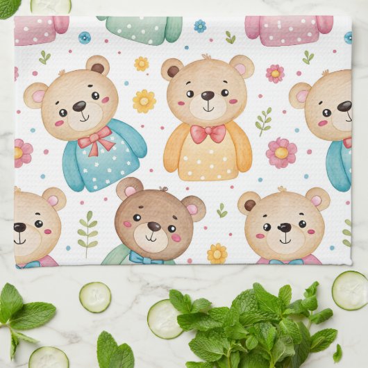 Teddy bear and flowers キッチンタオル (折り畳み)