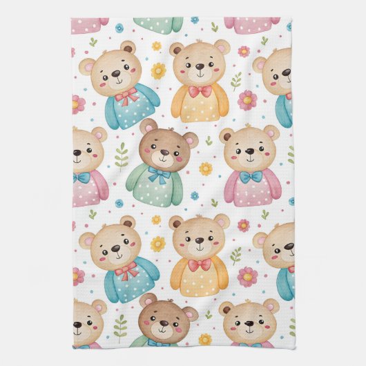 Teddy bear and flowers キッチンタオル (縦)