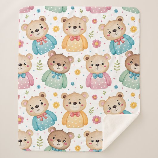 Teddy bear and flowers シェルパブランケット (正面)