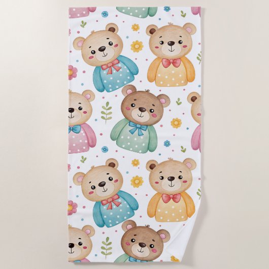 Teddy bear and flowers ビーチタオル (正面)