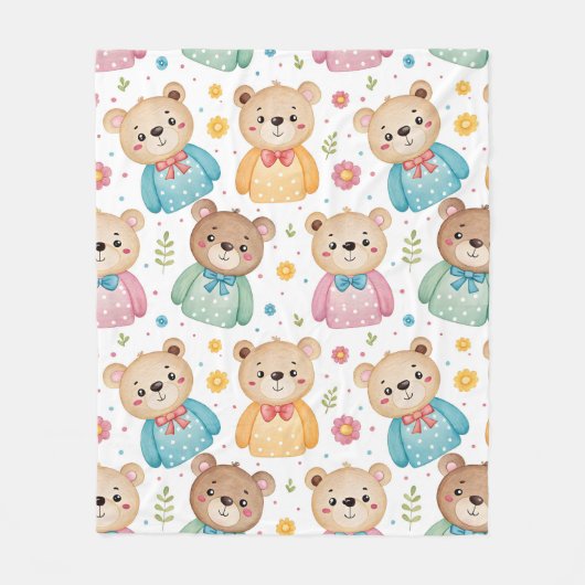 Teddy bear and flowers フリースブランケット (正面)