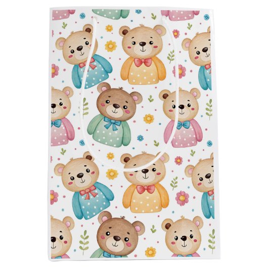 Teddy bear and flowers ミディアムペーパーバッグ (正面)