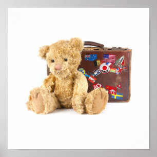 teddy bear and vintage old suitcase with world sti ポスター