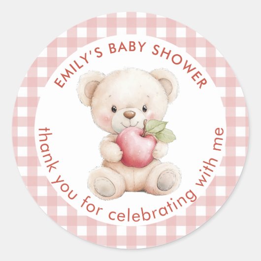 Teddy Bear Apple Gingham Thank You Baby Shower ラウンドシール (正面)