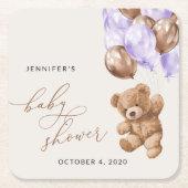 Teddy Bear, Baby Bear, Purple Balloon, Baby Shower スクエアペーパーコースター (正面)