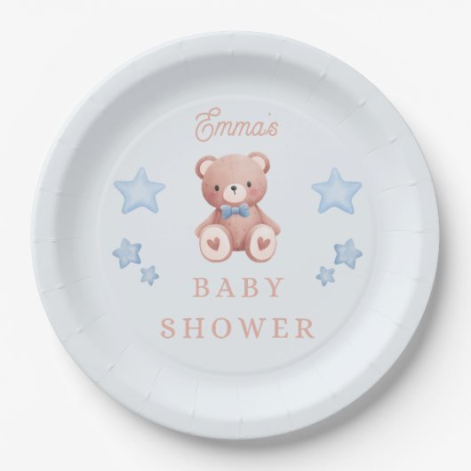 Teddy Bear Baby Boy Shower - Soft Blue Stars ペーパープレート (正面)