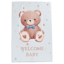 Teddy Bear Baby Boy Shower - Soft Blue Stars ミディアムペーパーバッグ
