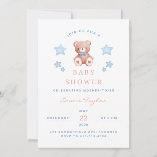 Teddy Bear Baby Boy Shower - Soft Blue Stars 招待状 (正面)