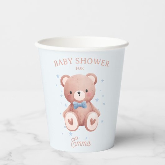 Teddy Bear Baby Boy Shower - Soft Blue Stars 紙コップ (正面)