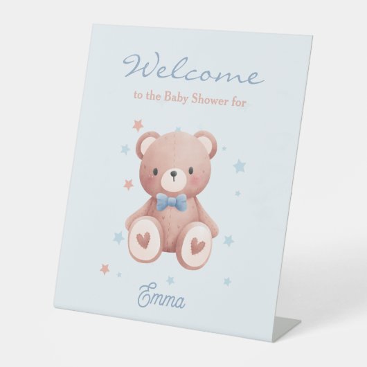 Teddy Bear Baby Boy Shower with Soft Blue Stars 台座サイン (正面)