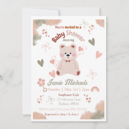Teddy Bear Baby Girl Baby Shower Invitation 招待状