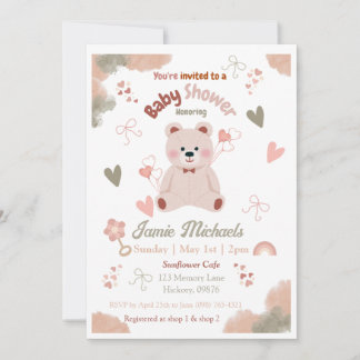 Teddy Bear Baby Girl Baby Shower Invitation 招待状