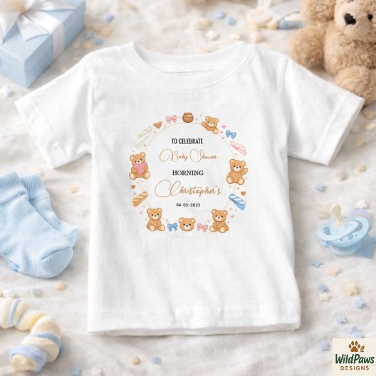 Teddy Bear Baby Shower Boy | Cute Blue Bear ベビーTシャツ