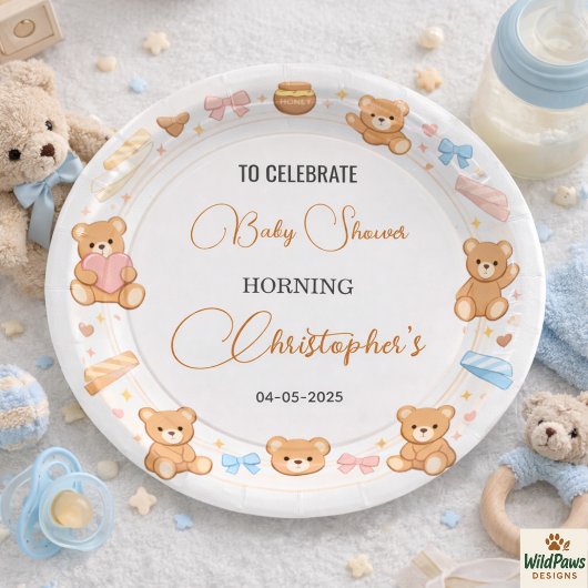 Teddy Bear Baby Shower Boy | Cute Blue Bear ペーパープレート