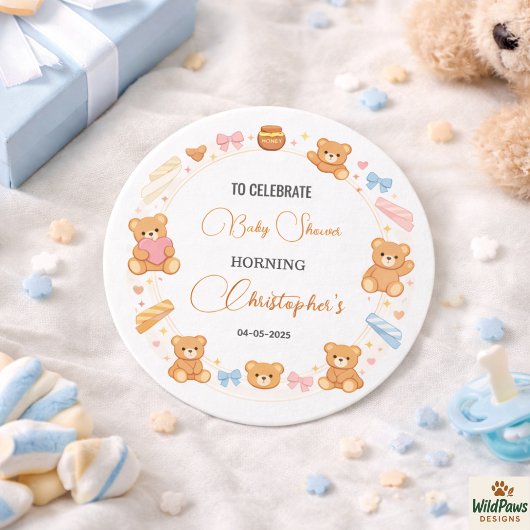 Teddy Bear Baby Shower Boy | Cute Blue Bear ラウンドシール