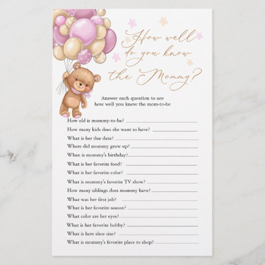Teddy Bear Baby Shower Game Who Knows Mommy Best (正面)