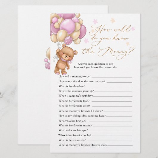 Teddy Bear Baby Shower Game Who Knows Mommy Best (正面/裏面)