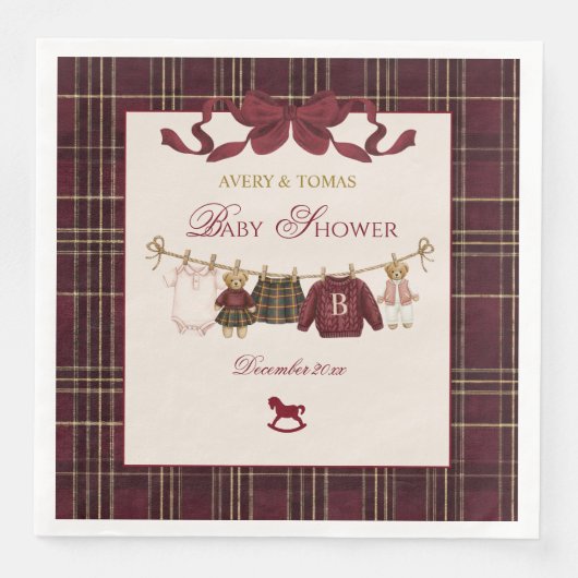 Teddy Bear Baby Shower Girl Plaid Burgundy Bow  (正面)