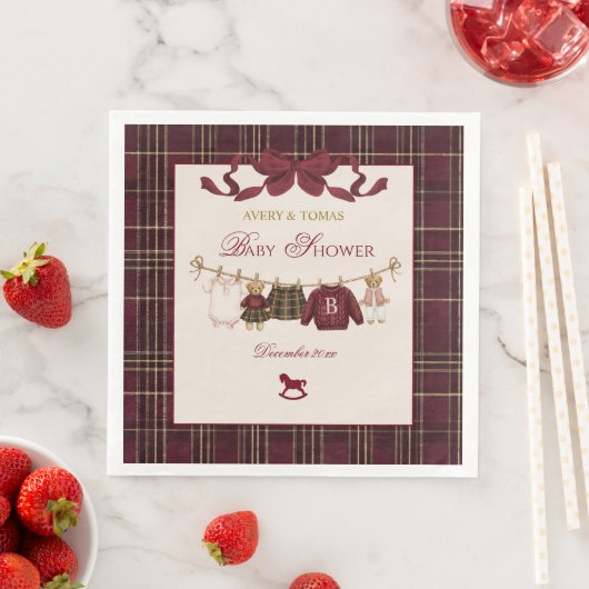 Teddy Bear Baby Shower Girl Plaid Burgundy Bow  (インサイチュ)