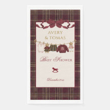 Teddy Bear Baby Shower Girl Plaid Burgundy Bow 