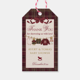 Teddy Bear Baby Shower Girl Plaid Burgundy Bow  ギフトタグ