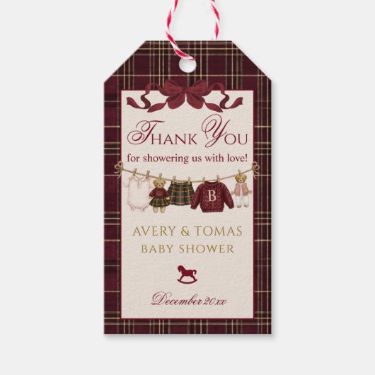 Teddy Bear Baby Shower Girl Plaid Burgundy Bow  ギフトタグ (正面)