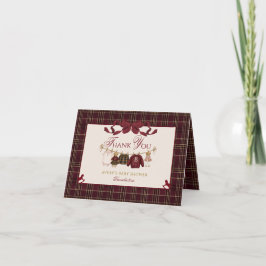 Teddy Bear Baby Shower Girl Plaid Burgundy Bow  サンキューカード