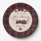 Teddy Bear Baby Shower Girl Plaid Burgundy Bow  ペーパープレート (正面)