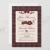 Teddy Bear Baby Shower Girl Plaid Burgundy Bow  招待状 (正面)