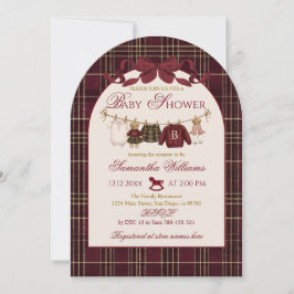 Teddy Bear Baby Shower Girl Plaid Burgundy Bow  招待状