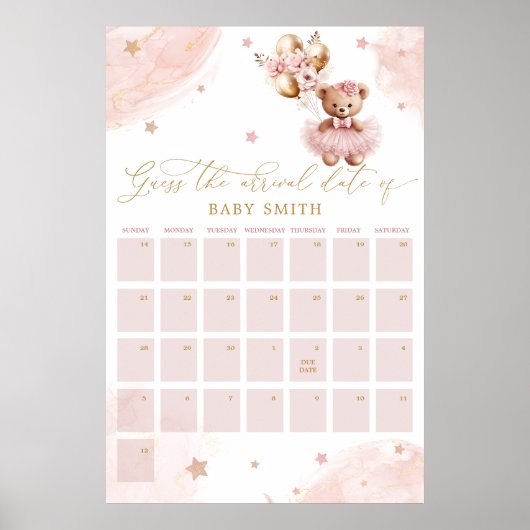Teddy Bear Baby Shower Guess Due Date Calendar ポスター (正面)