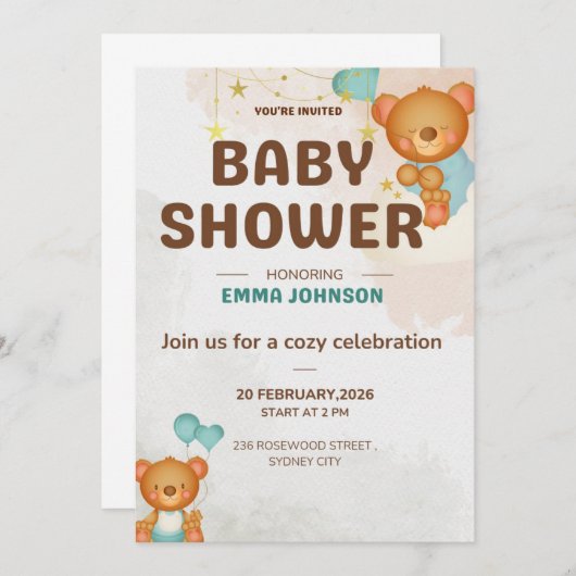Teddy Bear Baby Shower Invitation 招待状 (正面/裏面)