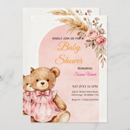 Teddy Bear Baby Shower Invitation  招待状 (正面/裏面)