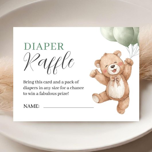 Teddy Bear Baby Shower Sage Green Diaper Raffle エンクロージャーカード