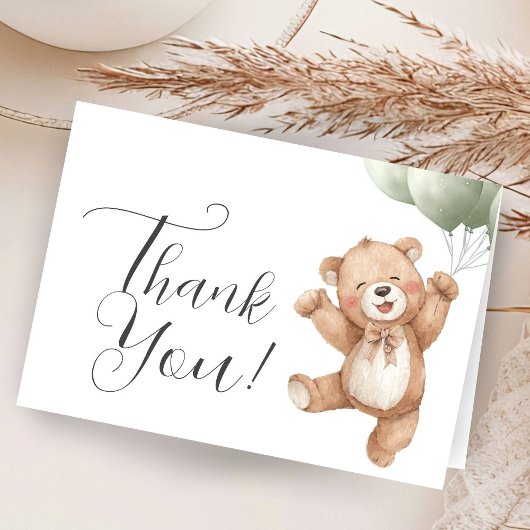 Teddy Bear Baby Shower Sage Green Folded Thank You サンキューカード