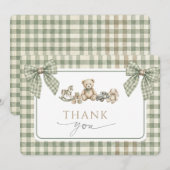 Teddy Bear Baby Shower Sage Green Gingham Bow  サンキューカード (正面/裏面)