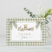 Teddy Bear Baby Shower Sage Green Gingham Bow  サンキューカード (スタンド正面)
