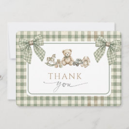Teddy Bear Baby Shower Sage Green Gingham Bow  サンキューカード